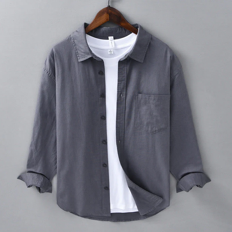 Camicia da uomo in cotone confortevole a maniche lunghe con colletto rovesciato e tasca, colore puro , Buddha Stones - Image 29