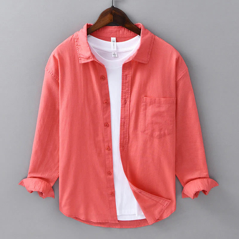 Camicia da uomo in cotone confortevole a maniche lunghe con colletto rovesciato e tasca, colore puro , Buddha Stones - Image 33