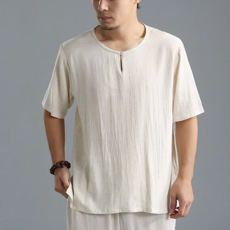 Camicia da uomo in cotone e lino a maniche corte con scollo rotondo tinta unita Buddha Stones - Image 12