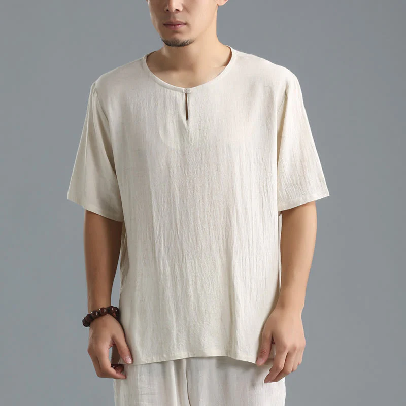 Camicia da uomo in cotone e lino a maniche corte con scollo rotondo tinta unita Buddha Stones - Image 14