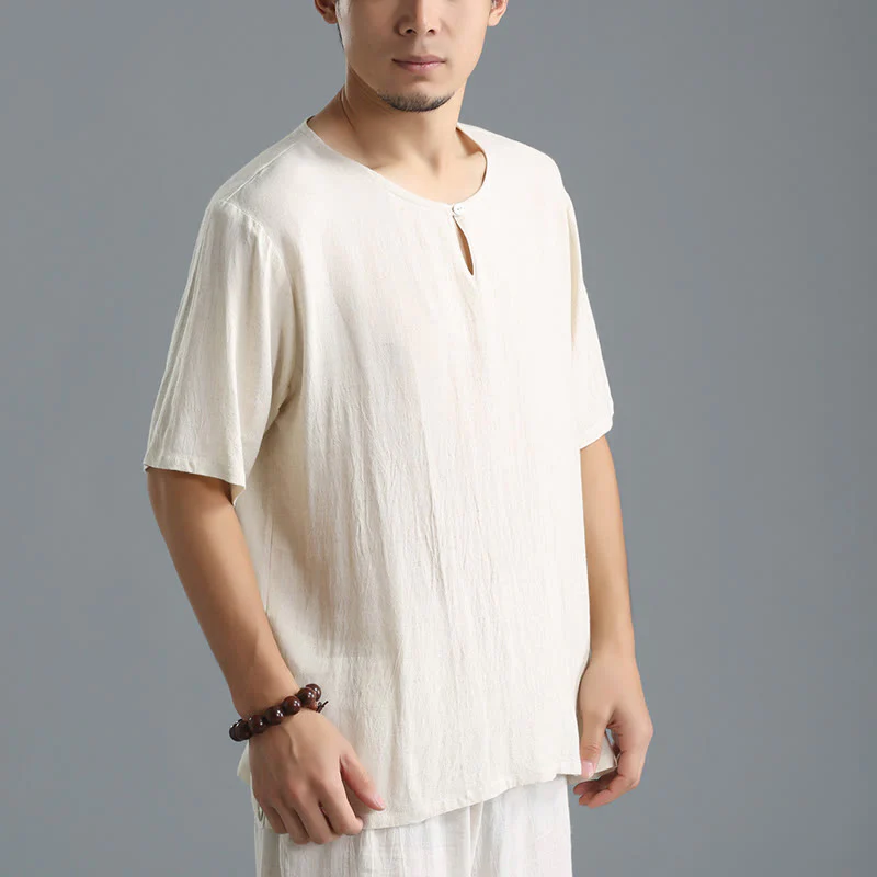 Camicia da uomo in cotone e lino a maniche corte con scollo rotondo tinta unita Buddha Stones - Image 15