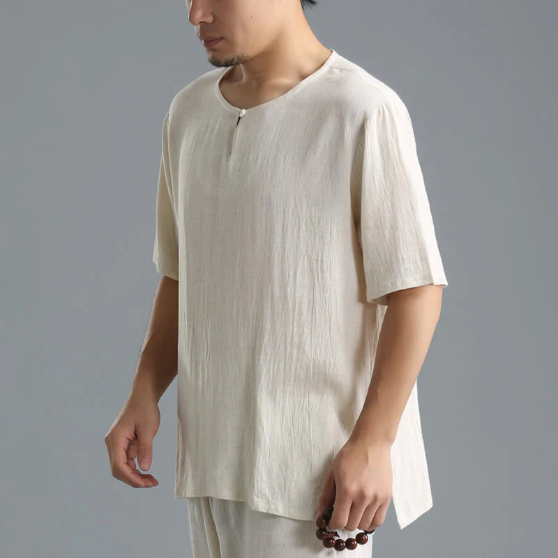 Camicia da uomo in cotone e lino a maniche corte con scollo rotondo tinta unita Buddha Stones - Image 16
