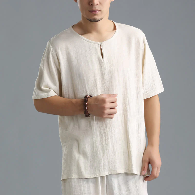 Camicia da uomo in cotone e lino a maniche corte con scollo rotondo tinta unita Buddha Stones - Image 18