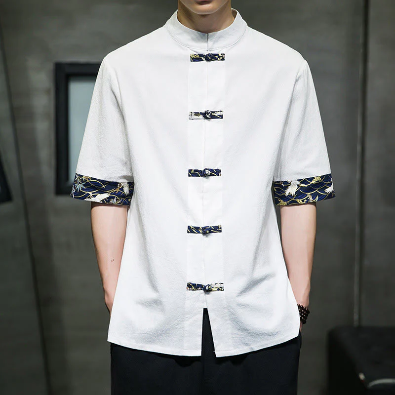 Camicia da uomo in cotone bianco a maniche corte con colletto rialzato, bottoni a rana Buddha Stones - Image 10
