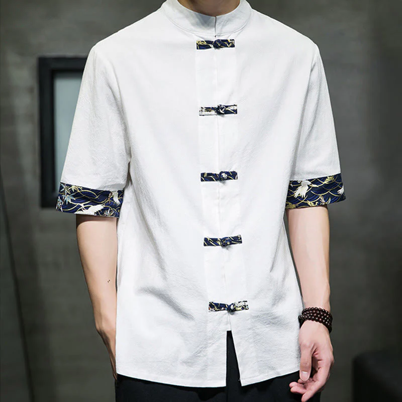 Camicia da uomo in cotone bianco a maniche corte con colletto rialzato, bottoni a rana Buddha Stones - Image 12
