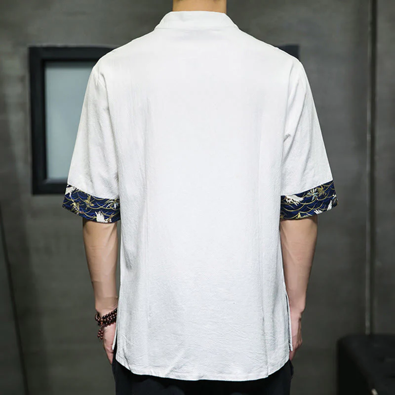 Camicia da uomo in cotone bianco a maniche corte con colletto rialzato, bottoni a rana Buddha Stones - Image 13