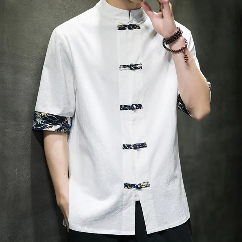 Camicia da uomo in cotone bianco a maniche corte con colletto rialzato, bottoni a rana Buddha Stones - Image 14