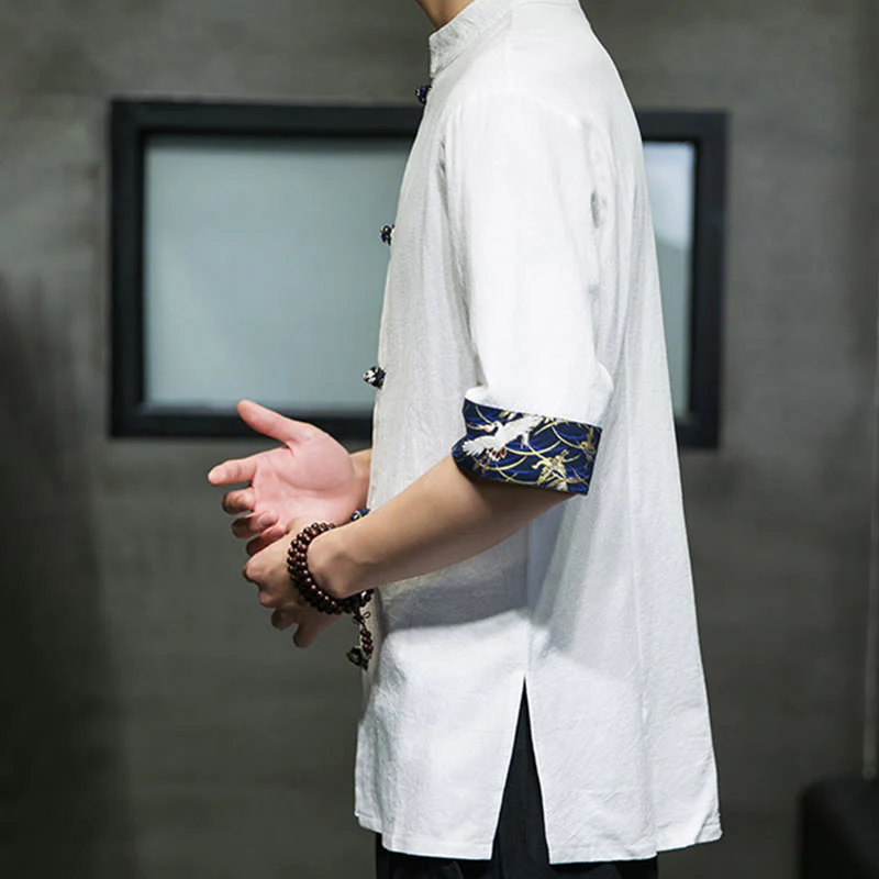 Camicia da uomo in cotone bianco a maniche corte con colletto rialzato, bottoni a rana Buddha Stones - Image 15