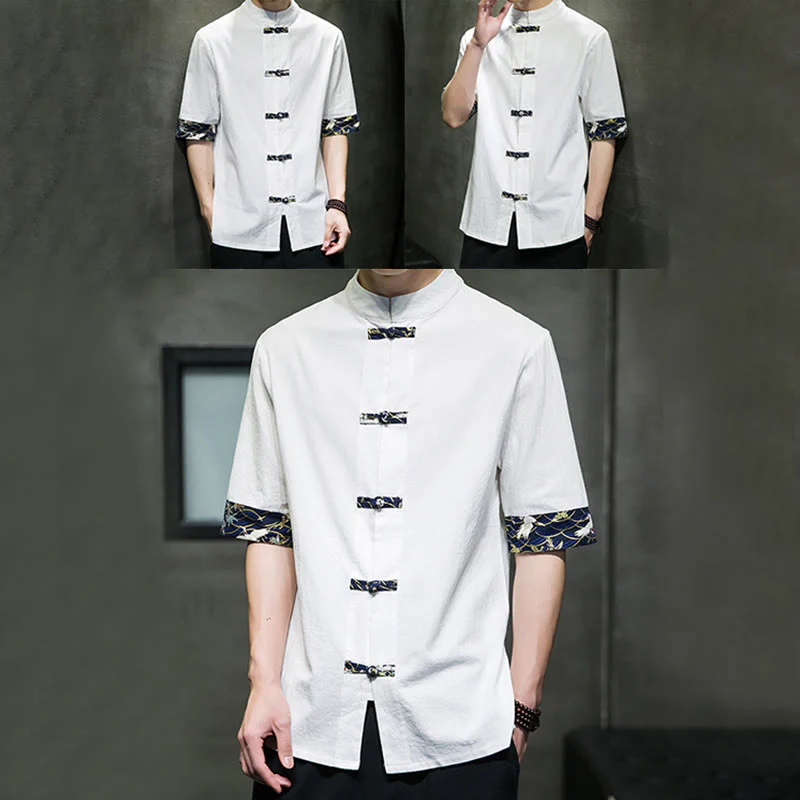 Camicia da uomo in cotone bianco a maniche corte con colletto rialzato, bottoni a rana Buddha Stones - Image 16