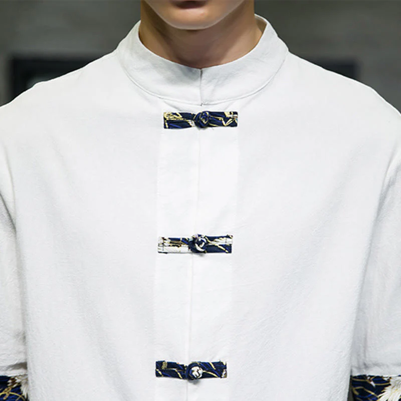 Camicia da uomo in cotone bianco a maniche corte con colletto rialzato, bottoni a rana Buddha Stones - Image 17