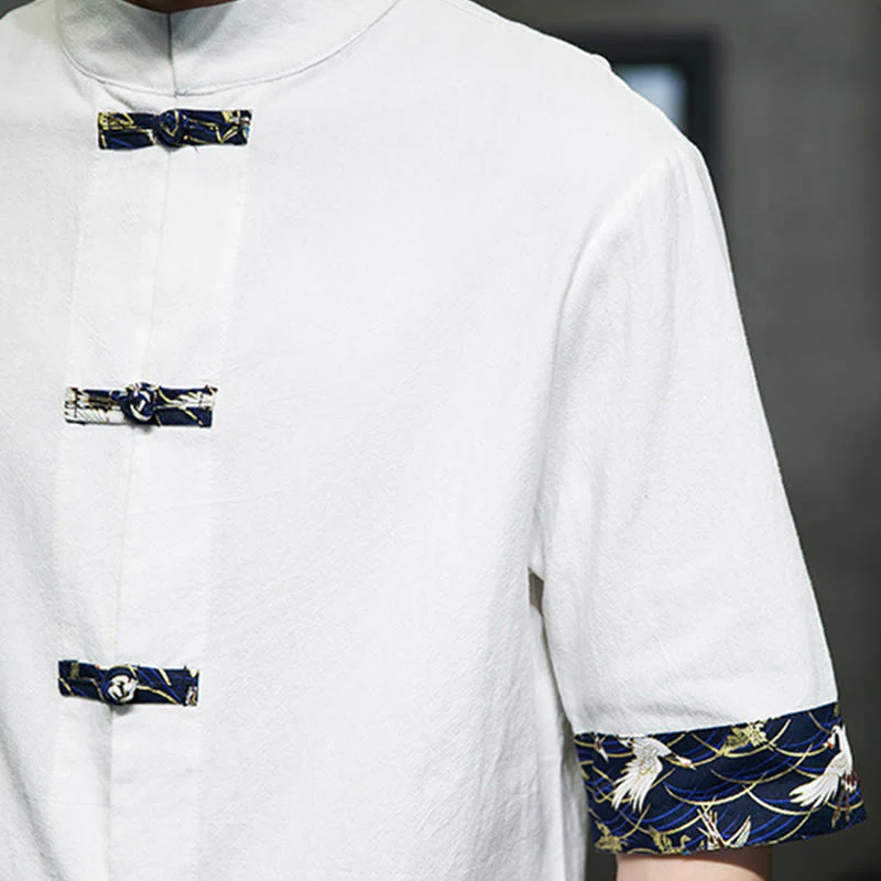 Camicia da uomo in cotone bianco a maniche corte con colletto rialzato, bottoni a rana Buddha Stones - Image 18