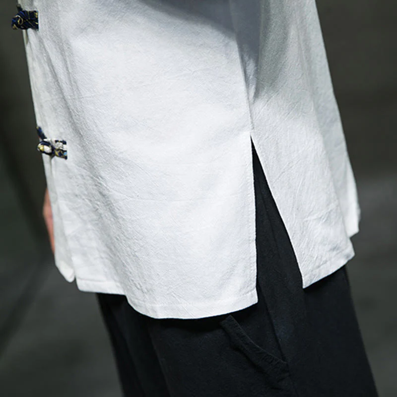 Camicia da uomo in cotone bianco a maniche corte con colletto rialzato, bottoni a rana Buddha Stones - Image 19