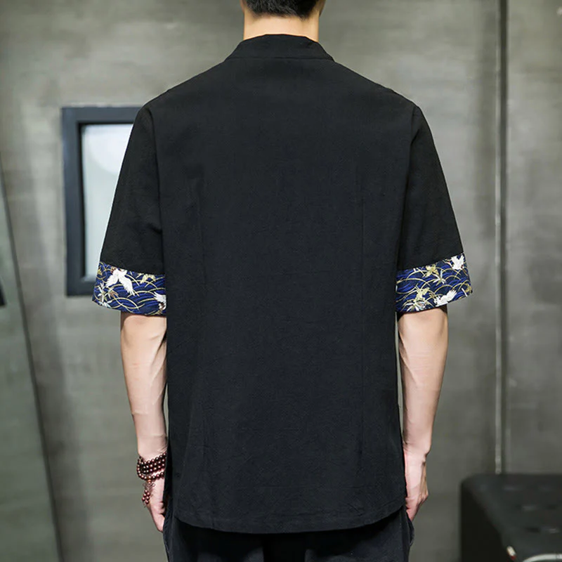 Camicia da uomo in cotone bianco a maniche corte con colletto rialzato, bottoni a rana Buddha Stones - Image 4