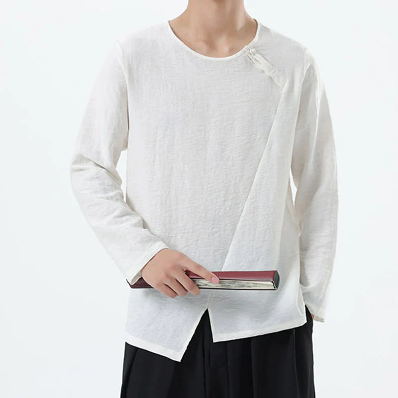 Camicia da uomo in cotone e lino con colletto rotondo e maniche lunghe Buddha Stones - Image 10