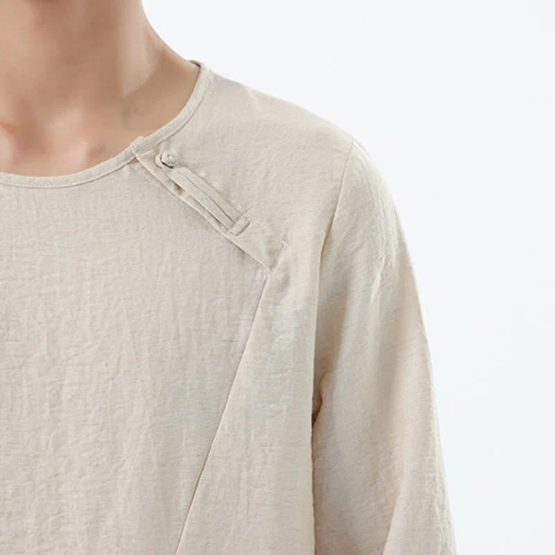Camicia da uomo in cotone e lino con colletto rotondo e maniche lunghe Buddha Stones - Image 24