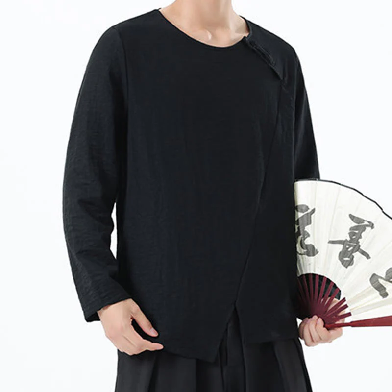Camicia da uomo in cotone e lino con colletto rotondo e maniche lunghe Buddha Stones - Image 34