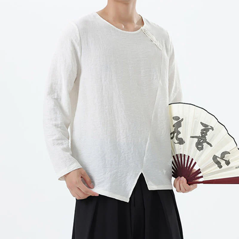 Camicia da uomo in cotone e lino con colletto rotondo e maniche lunghe Buddha Stones - Image 8