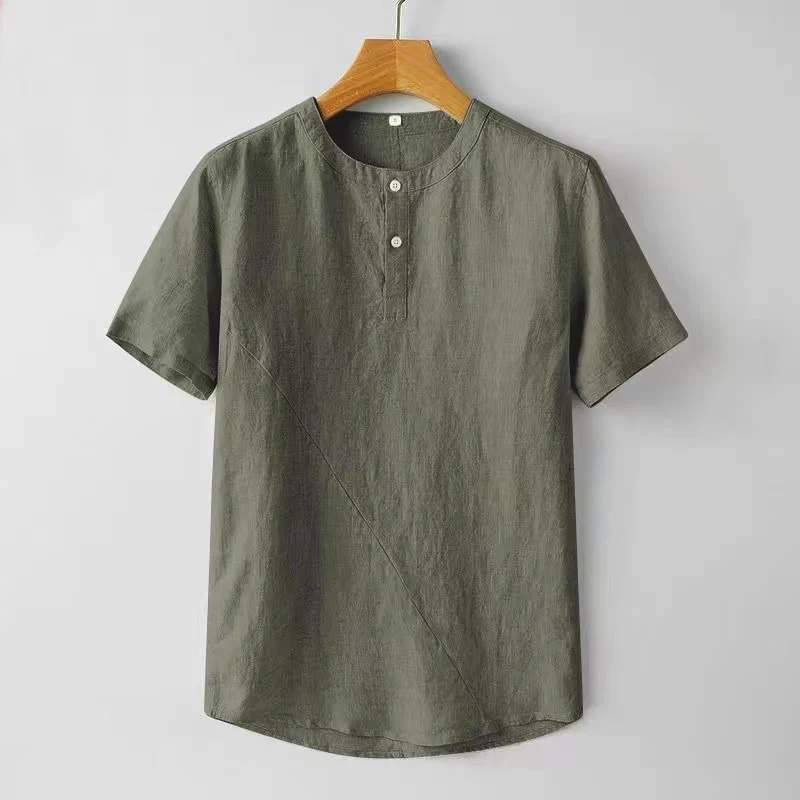 Camicia da uomo in cotone e lino con due bottoni in alto, a maniche corte, tinta unita, Buddha Stones - Image 11