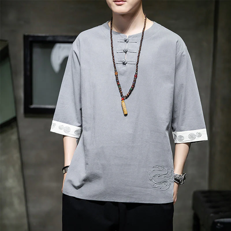Camicia da uomo in cotone e lino con maniche corte, scollo a giro, ricamo estivo Buddha Stones, bottoni a rana, tinta unita