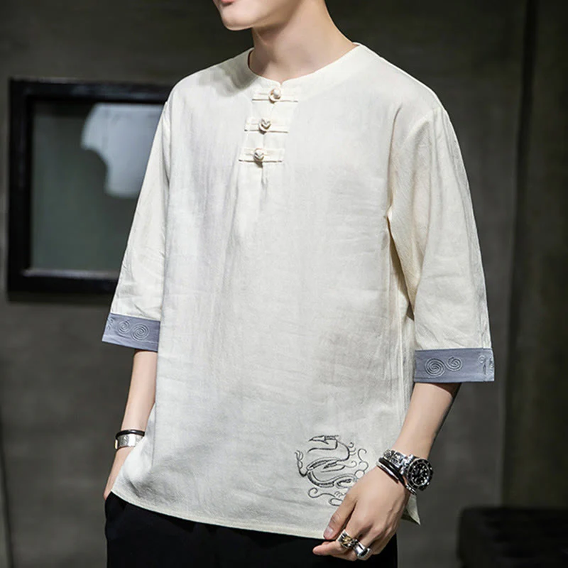 Camicia da uomo in cotone e lino con maniche corte, scollo a giro, ricamo estivo Buddha Stones, bottoni a rana, tinta unita - Image 11