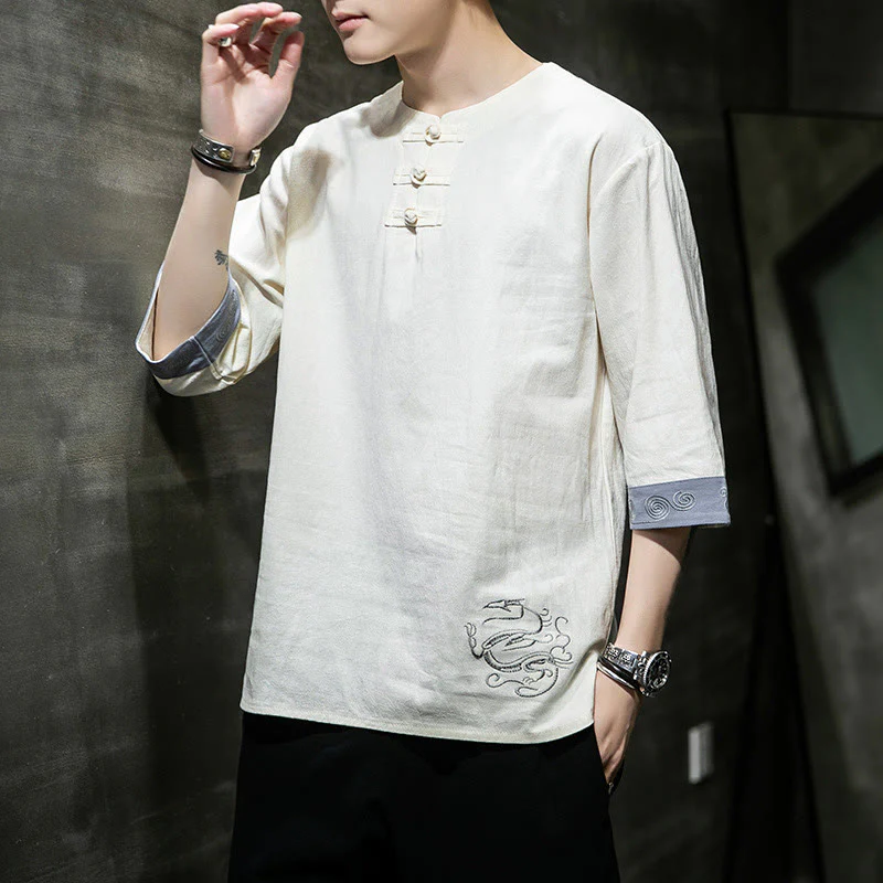 Camicia da uomo in cotone e lino con maniche corte, scollo a giro, ricamo estivo Buddha Stones, bottoni a rana, tinta unita - Image 12