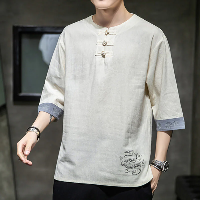 Camicia da uomo in cotone e lino con maniche corte, scollo a giro, ricamo estivo Buddha Stones, bottoni a rana, tinta unita - Image 14