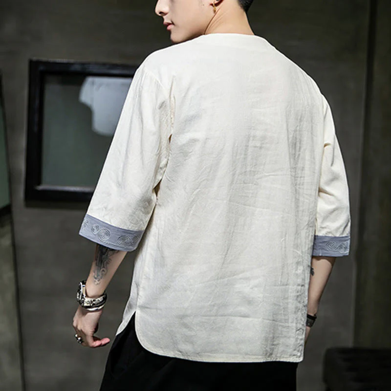 Camicia da uomo in cotone e lino con maniche corte, scollo a giro, ricamo estivo Buddha Stones, bottoni a rana, tinta unita - Image 16