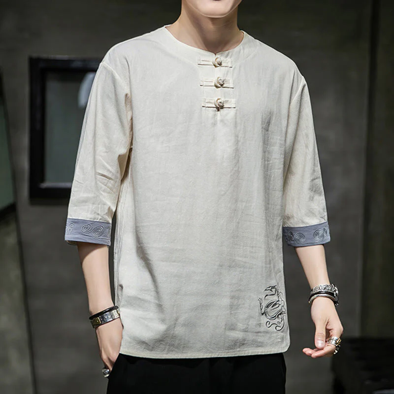 Camicia da uomo in cotone e lino con maniche corte, scollo a giro, ricamo estivo Buddha Stones, bottoni a rana, tinta unita - Image 17