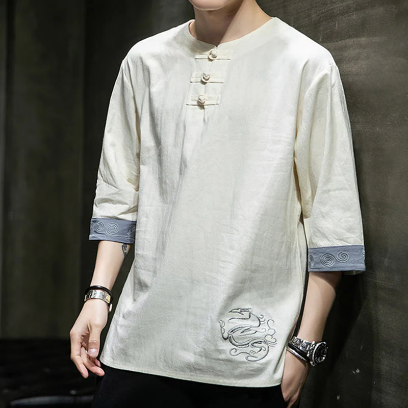 Camicia da uomo in cotone e lino con maniche corte, scollo a giro, ricamo estivo Buddha Stones, bottoni a rana, tinta unita - Image 18
