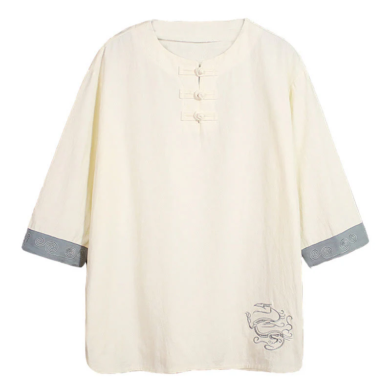 Camicia da uomo in cotone e lino con maniche corte, scollo a giro, ricamo estivo Buddha Stones, bottoni a rana, tinta unita - Image 19
