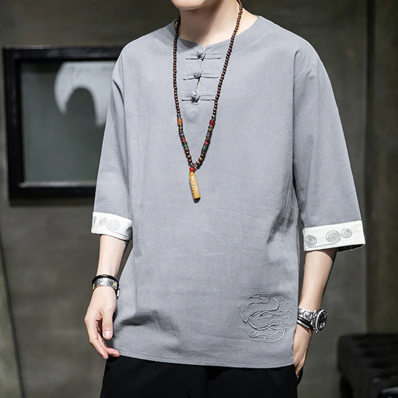 Camicia da uomo in cotone e lino con maniche corte, scollo a giro, ricamo estivo Buddha Stones, bottoni a rana, tinta unita - Image 2