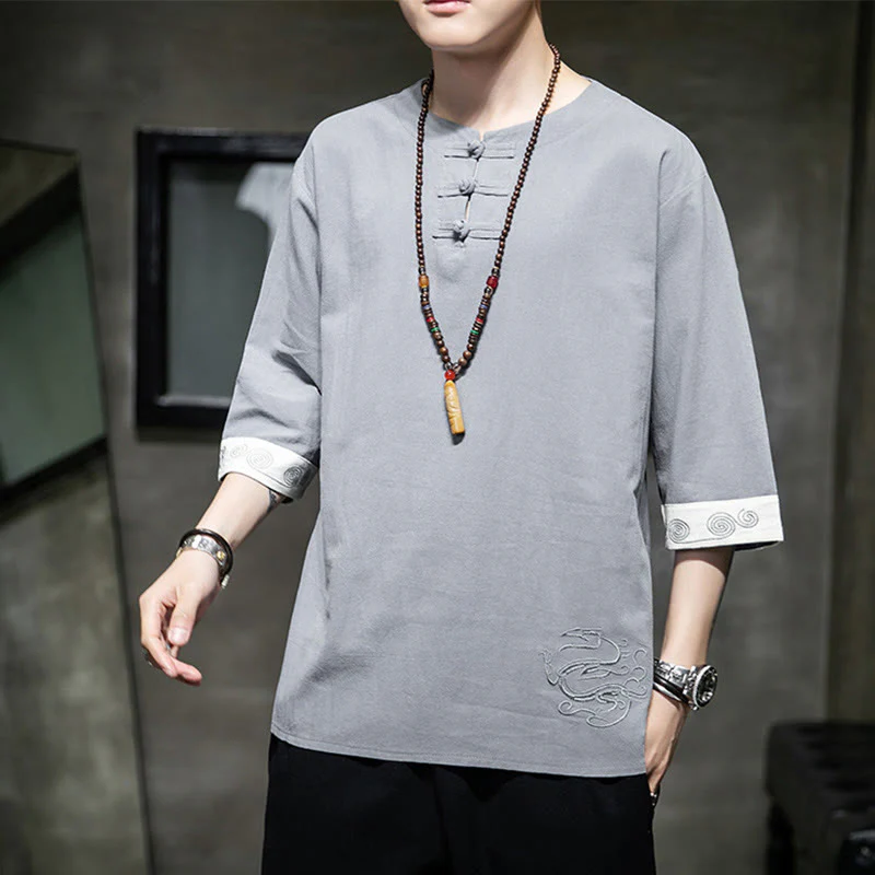 Camicia da uomo in cotone e lino con maniche corte, scollo a giro, ricamo estivo Buddha Stones, bottoni a rana, tinta unita - Image 3