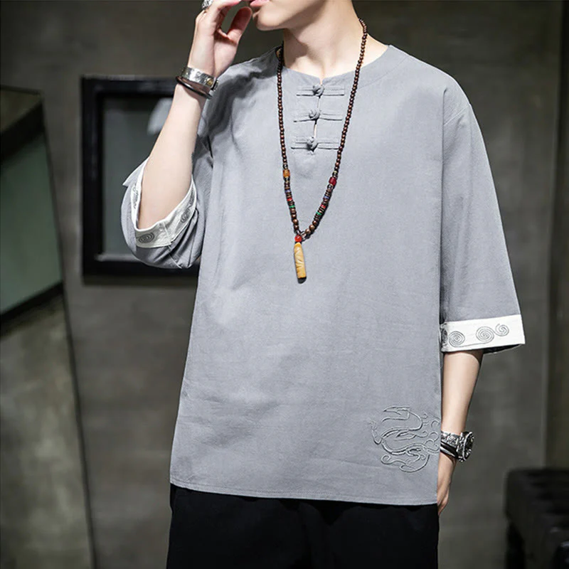 Camicia da uomo in cotone e lino con maniche corte, scollo a giro, ricamo estivo Buddha Stones, bottoni a rana, tinta unita - Image 5