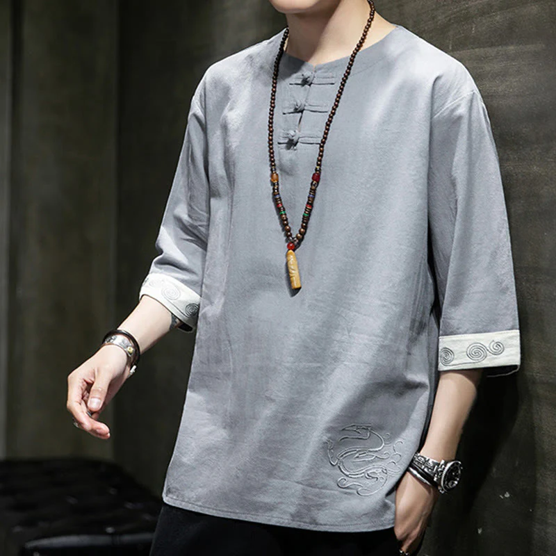 Camicia da uomo in cotone e lino con maniche corte, scollo a giro, ricamo estivo Buddha Stones, bottoni a rana, tinta unita - Image 6