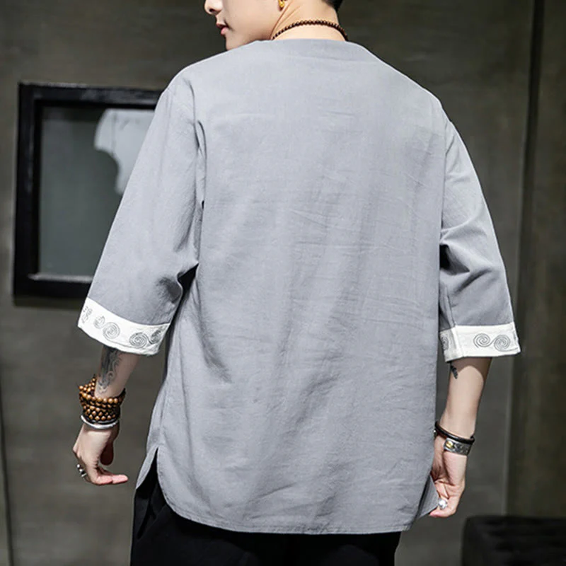 Camicia da uomo in cotone e lino con maniche corte, scollo a giro, ricamo estivo Buddha Stones, bottoni a rana, tinta unita - Image 7