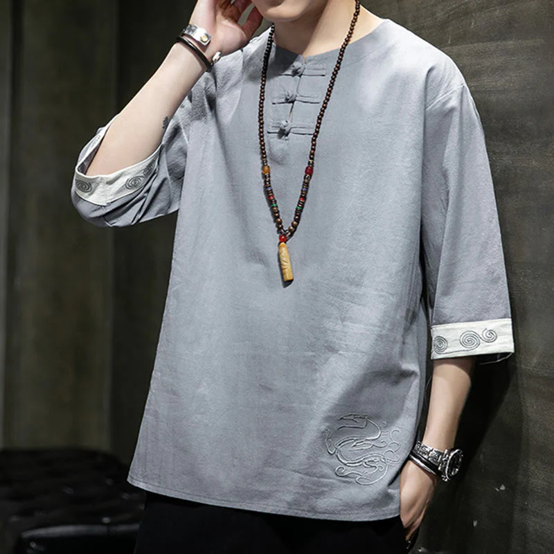 Camicia da uomo in cotone e lino con maniche corte, scollo a giro, ricamo estivo Buddha Stones, bottoni a rana, tinta unita - Image 8