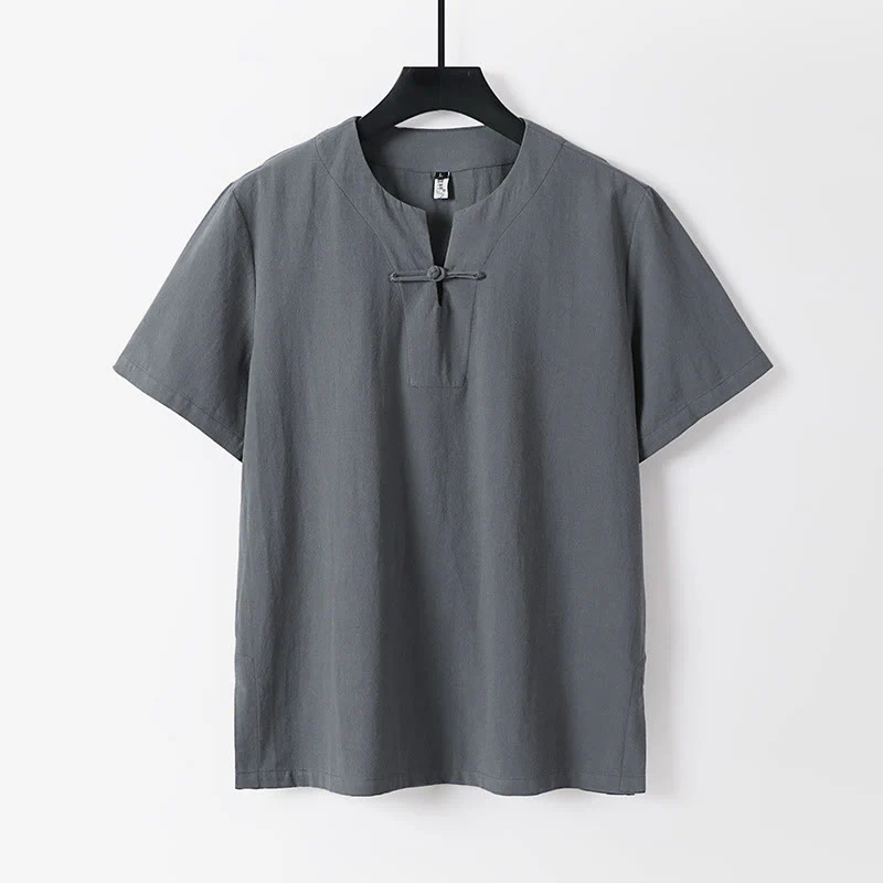 Camicia da uomo in cotone e lino con un bottone a forma di rana, manica corta, tinta unita , Buddha Stones