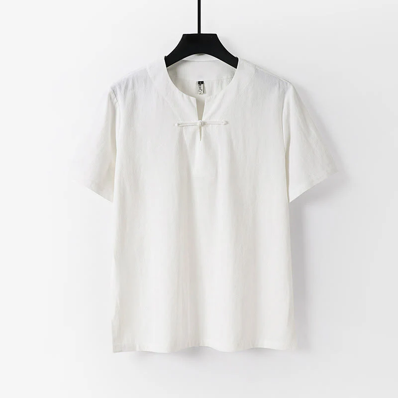 Camicia da uomo in cotone e lino con un bottone a forma di rana, manica corta, tinta unita , Buddha Stones - Image 2