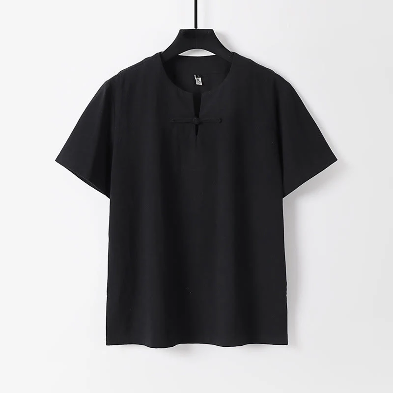 Camicia da uomo in cotone e lino con un bottone a forma di rana, manica corta, tinta unita , Buddha Stones - Image 3