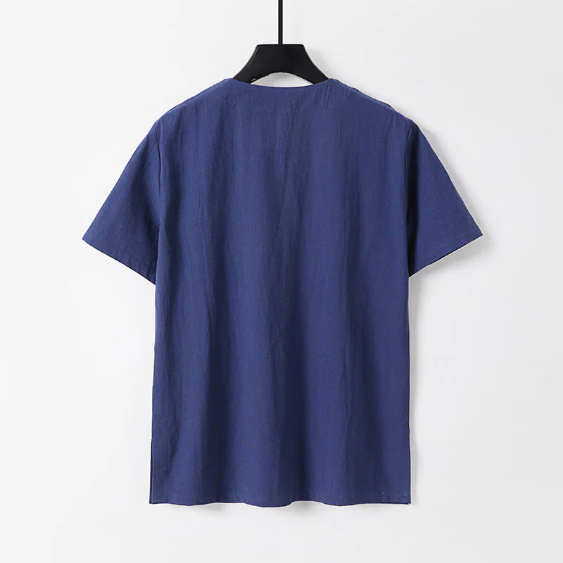 Camicia da uomo in cotone e lino con un bottone a forma di rana, manica corta, tinta unita , Buddha Stones - Image 5