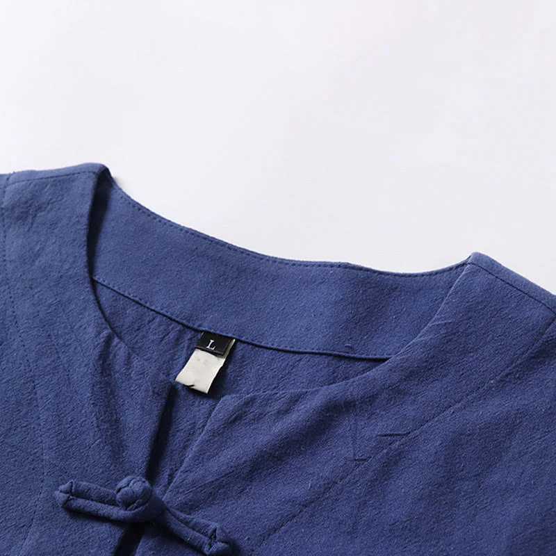 Camicia da uomo in cotone e lino con un bottone a forma di rana, manica corta, tinta unita , Buddha Stones - Image 8