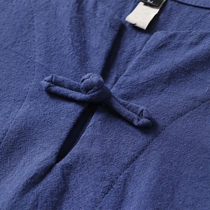 Camicia da uomo in cotone e lino con un bottone a forma di rana, manica corta, tinta unita , Buddha Stones - Image 9