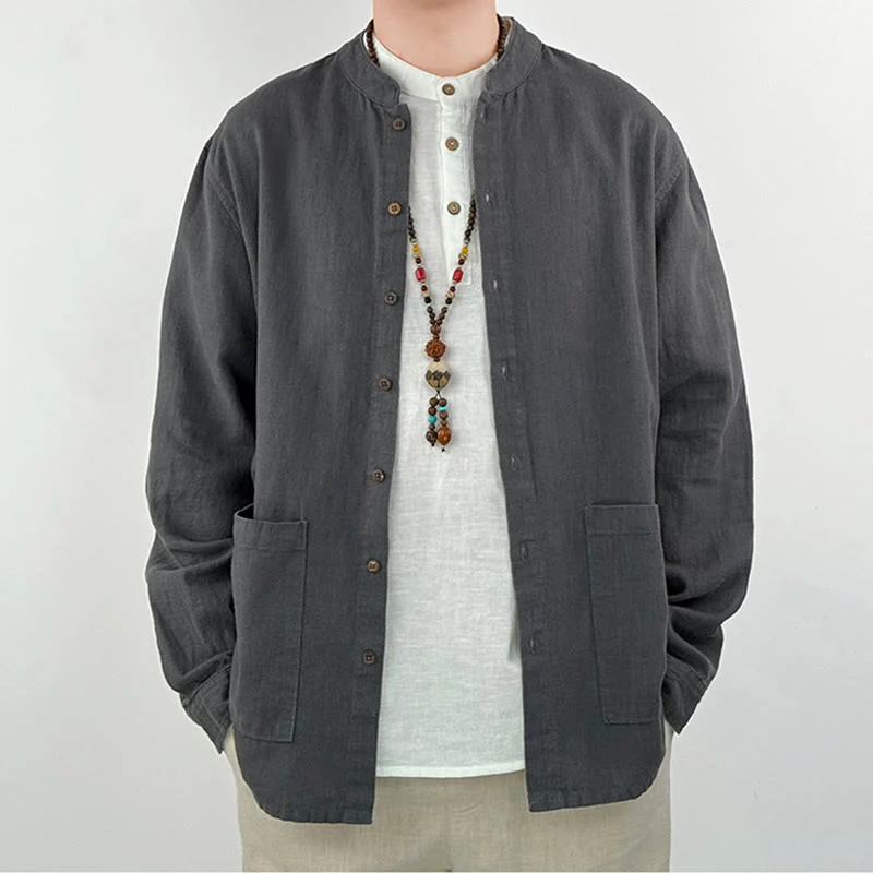 Camicia da uomo in cotone e lino ramiè casual tinta unita Buddha Stones con tasche - Image 2