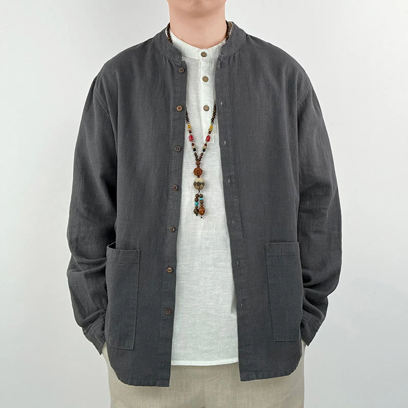 Camicia da uomo in cotone e lino ramiè casual tinta unita Buddha Stones con tasche - Image 3