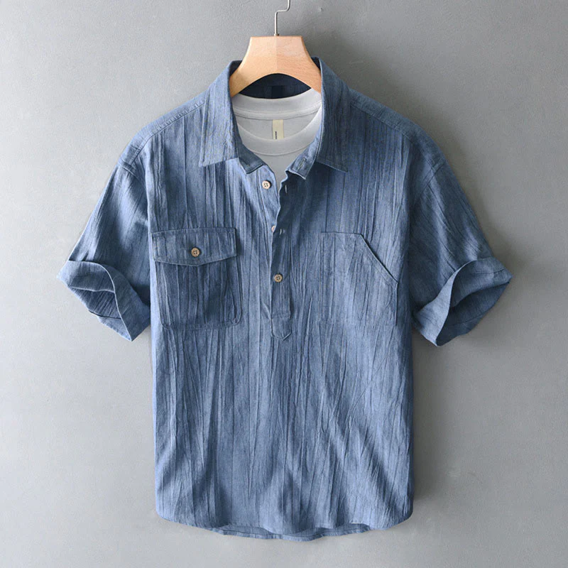 Camicia da uomo in cotone ramiè a maniche corte con bottoni e design a pieghe tinta unita, motivo Buddha Stones
