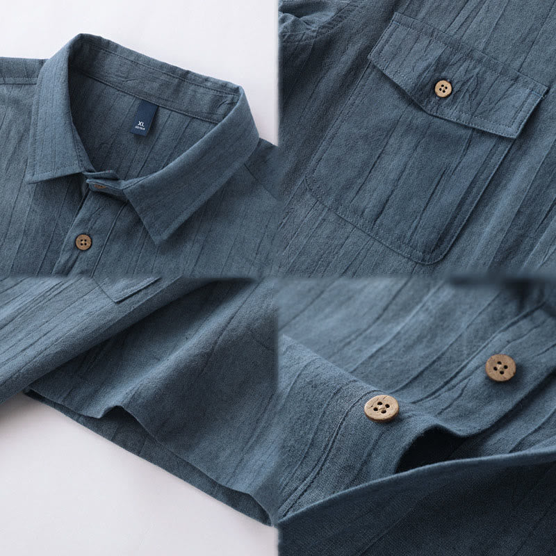Camicia da uomo in cotone ramiè a maniche corte con bottoni e design a pieghe tinta unita, motivo Buddha Stones - Image 10