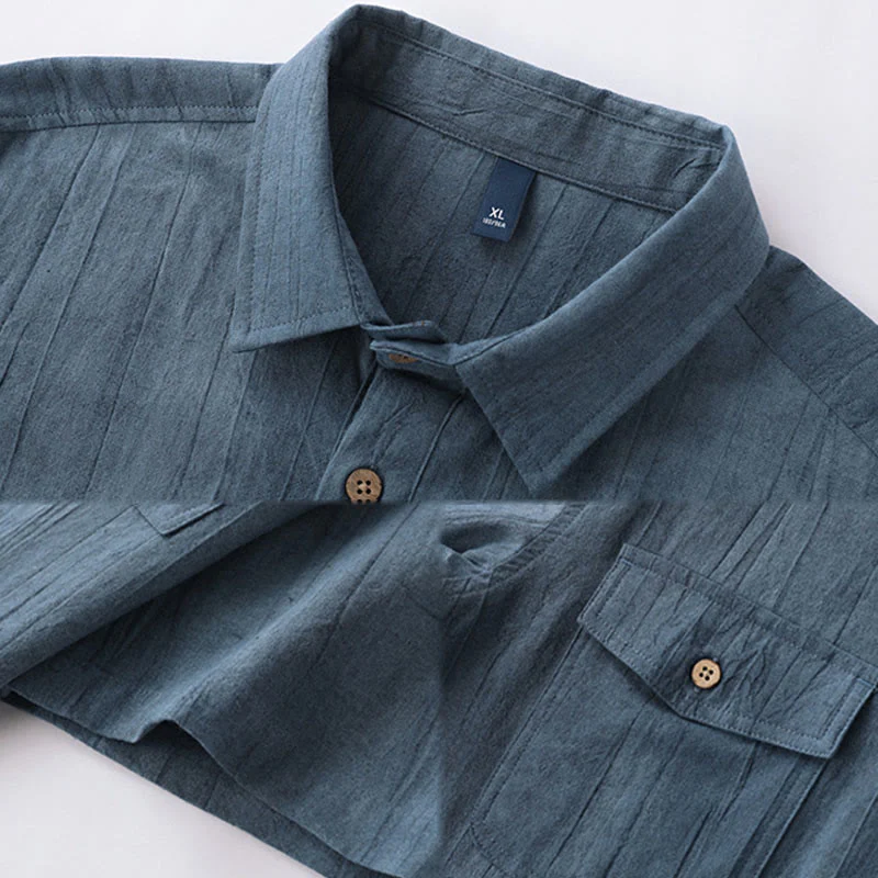 Camicia da uomo in cotone ramiè a maniche corte con bottoni e design a pieghe tinta unita, motivo Buddha Stones - Image 11