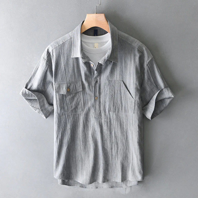 Camicia da uomo in cotone ramiè a maniche corte con bottoni e design a pieghe tinta unita, motivo Buddha Stones - Image 12