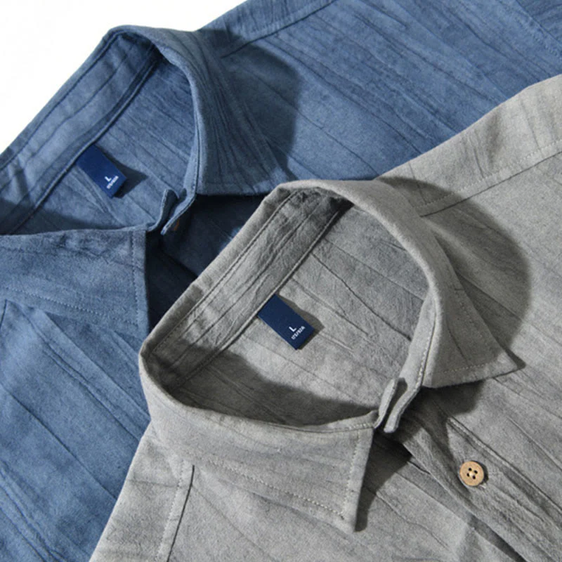 Camicia da uomo in cotone ramiè a maniche corte con bottoni e design a pieghe tinta unita, motivo Buddha Stones - Image 14