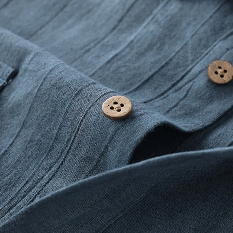 Camicia da uomo in cotone ramiè a maniche corte con bottoni e design a pieghe tinta unita, motivo Buddha Stones - Image 4